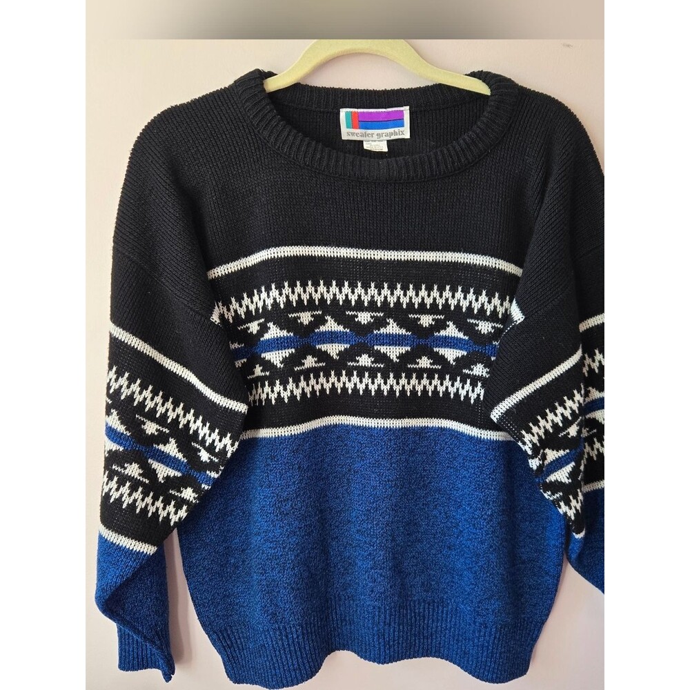 Vintage 80s Sweater Graphix Geometric Colorblock Knit Pullover Medium